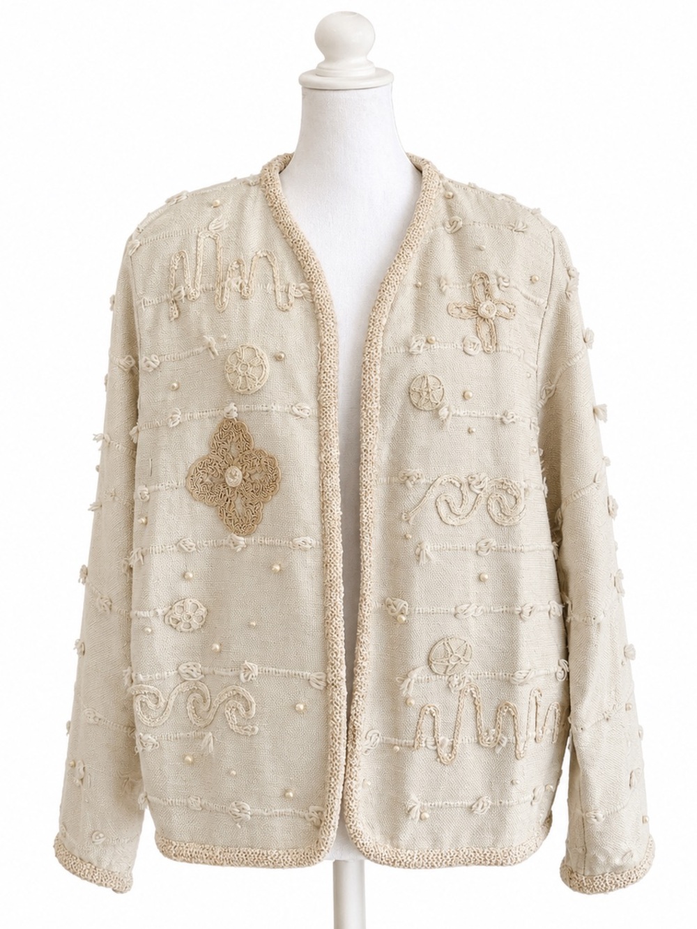 Vintage Crystal Handwovens Wearable Art Open Front Jacket Size L Colombia
